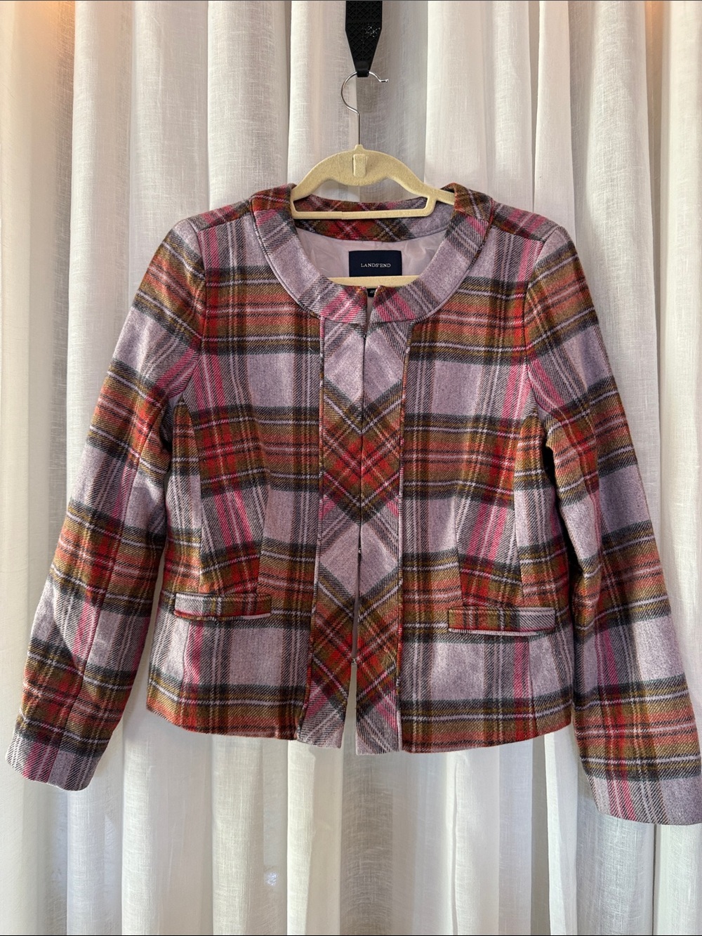 Lands' End Pink and Brown Plaid Wool Blend Jacket